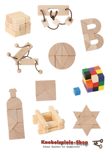 10er-Mix – 5 Mini-Knobelspiele & 5 Mini-Holzpuzzles