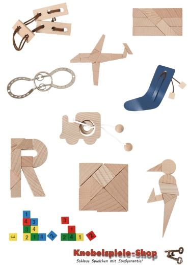 10er-Mix – 5 Mini-Knobelspiele & 5 Mini-Holzpuzzles